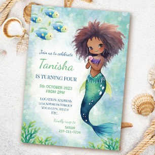 Watercolor Cute Black Mermaid Birthday Invitation
