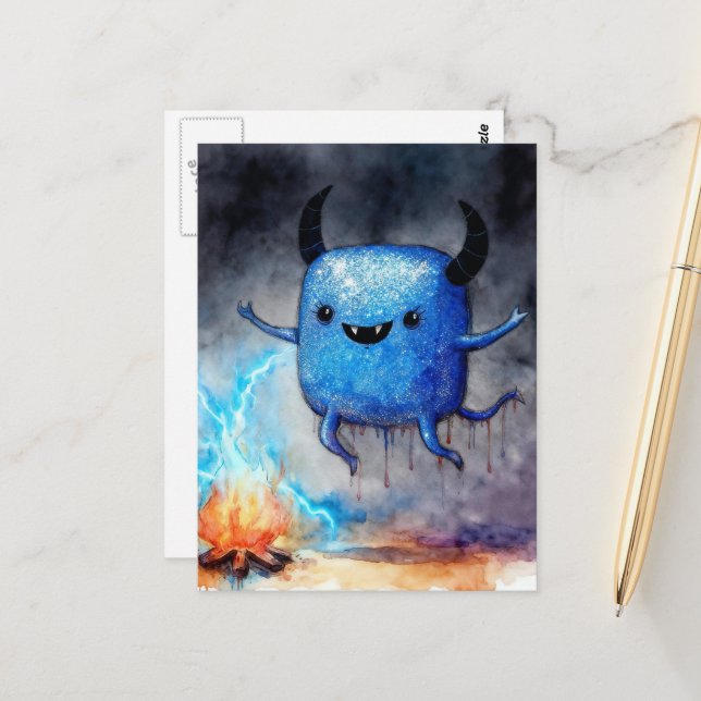 Watercolor Cute Blue Monster and a Campfire Postcard (Front/Back In Situ)