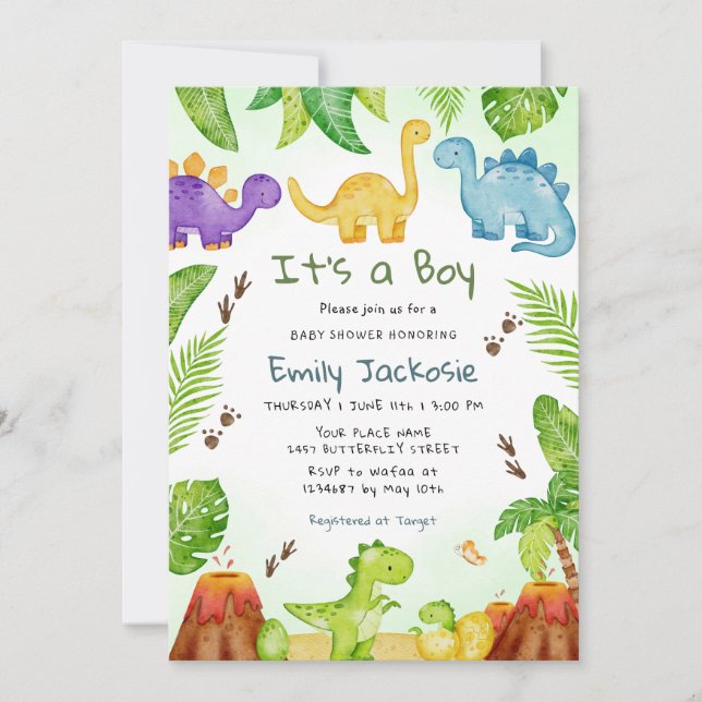 Watercolor Cute Boho Dinosaur Greenery Boy Baby  Invitation (Front)