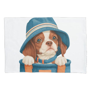 Watercolor Cute Brown White Dog Blue Hat Pet Pillowcase