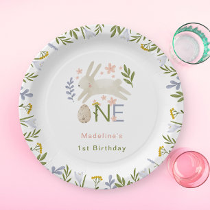 Watercolor Cute Bunny Girl 1st Birthday Paper Plate