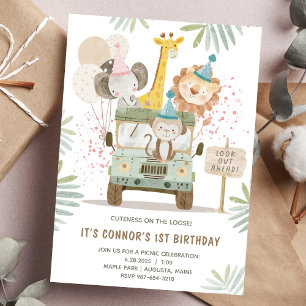 Watercolor Cute Car Animals Zoo 1st Birthday  Invitation