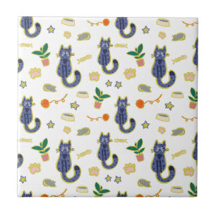 Watercolor Cute Cats Pattern Ceramic Tile