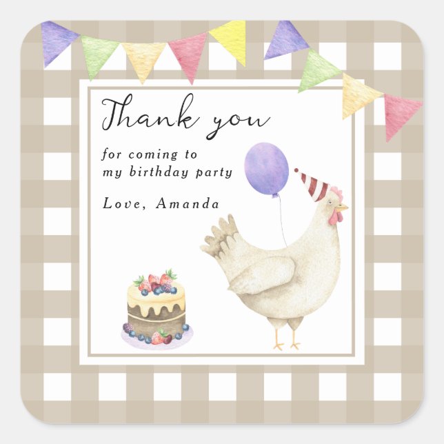 Watercolor Cute Chick 1st birthday thank you Square Sticker (Front)