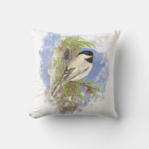 Watercolor Cute Chickadee Bird Nature Art Cushion
