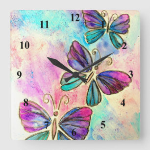 Watercolor - Cute Colorful Butterflies Square Wall Clock