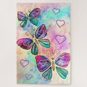 Watercolor - Cute Colourful Butterflies - Hearts Jigsaw Puzzle