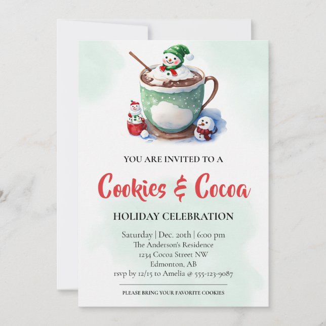 Watercolor Cute Cookies & Cocoa Holiday Party Invitation (Front)