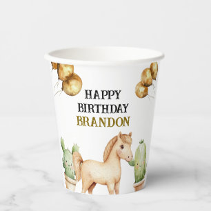 Watercolor Cute Cowboy 1st Rodeo Birthday Paper Cups