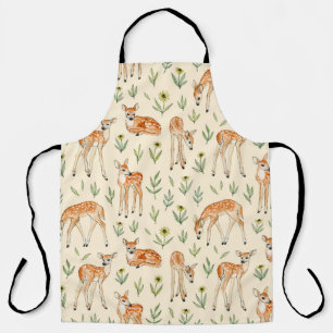 Watercolor cute deer with wild flowers seamless pa apron