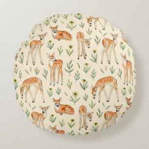 Watercolor cute deer with wild flowers seamless pa round cushion