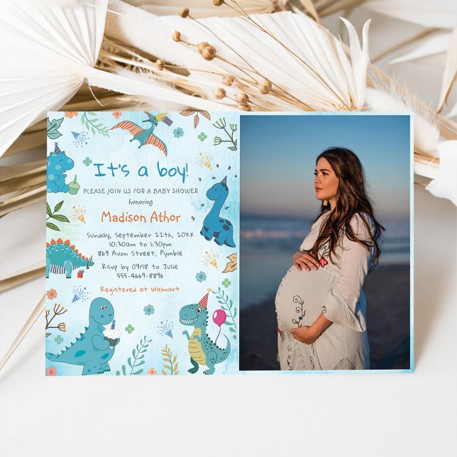 Watercolor Cute Dinosaur Boy Baby Shower Photo Invitation (Creator Uploaded)