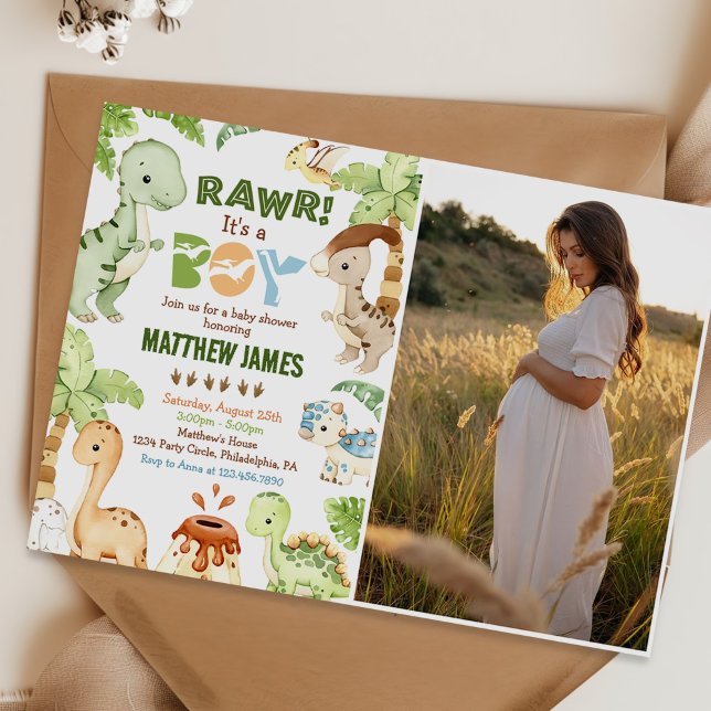 Watercolor Cute Dinosaur Boy Baby Shower Photo Invitation (Creator Uploaded)