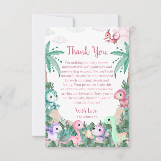Watercolor Cute Dinosaur Girl Baby Shower Thank You Card (Front)