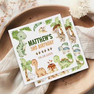 Watercolor Cute Dinosaur Greenery 3rd Birthday Napkin