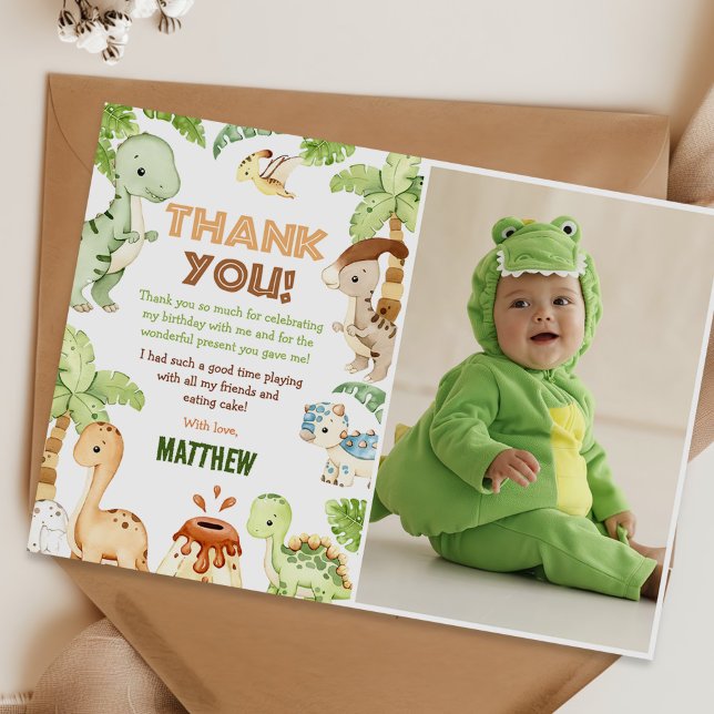 Watercolor Cute Dinosaur Greenery Birthday Photo Thank You Card (Creator Uploaded)