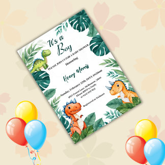 Watercolor Cute Dinosaur Greenery Boy Baby Shower Invitation