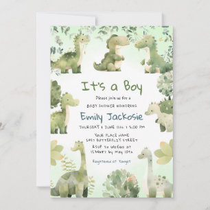 Watercolor Cute Dinosaur Greenery Boy Baby Shower  Invitation