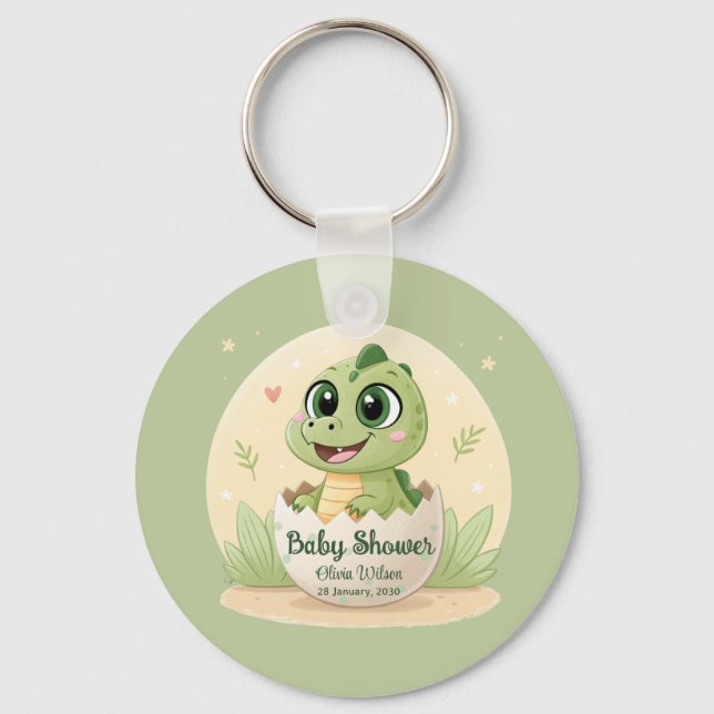 Watercolor Cute Dinosaur Greenery Boy Baby Shower Key Ring (Front)