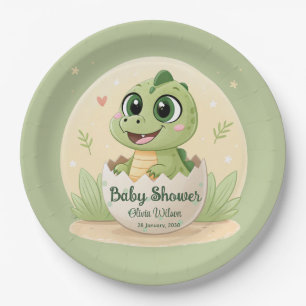 Watercolor Cute Dinosaur Greenery Boy Baby Shower Paper Plate