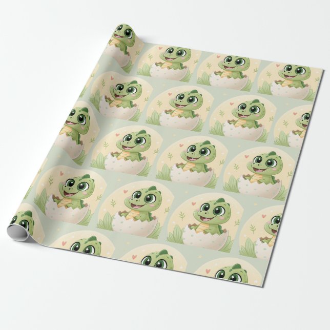 Watercolor Cute Dinosaur Greenery Boy Baby Shower Wrapping Paper (Unrolled)