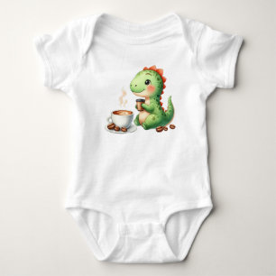 watercolor Cute Dinosaur T Rex drinking coffee Baby Bodysuit