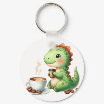 watercolor Cute Dinosaur T Rex drinking coffee