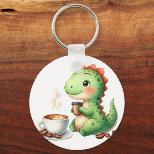 watercolor Cute Dinosaur T Rex drinking coffee Key Ring