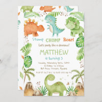 Watercolor Cute Dinosaurs Greenery Boy Birthday 