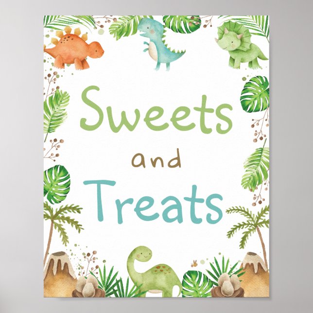 Watercolor Cute Dinosaurs Greenery Sweets & Treats Poster (Front)