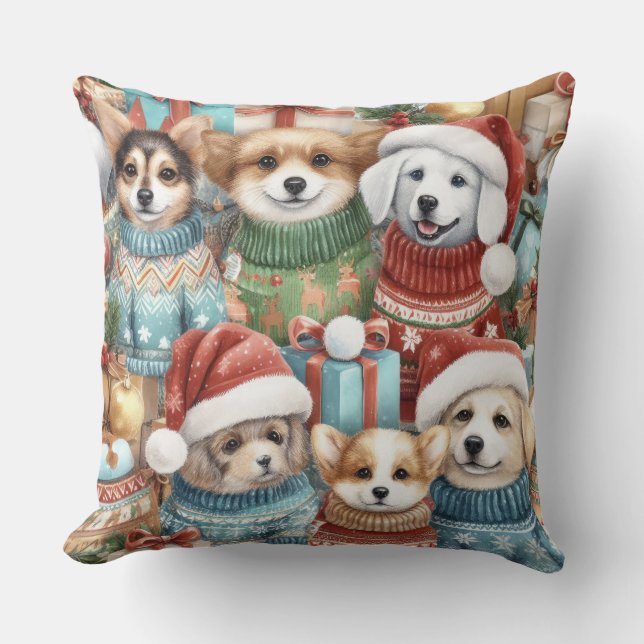 Watercolor Cute Dogs in Sweaters Cushion (Front)