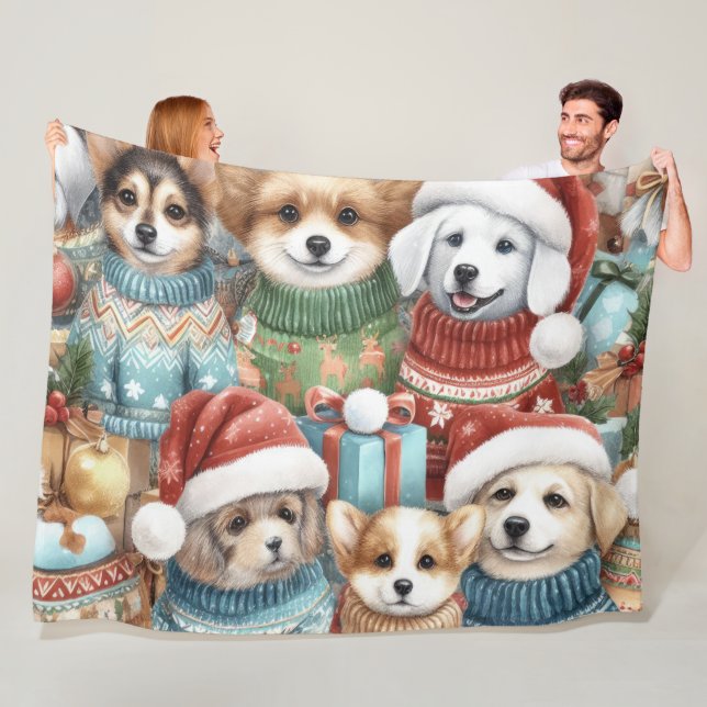 Watercolor Cute Dogs in Sweaters Fleece Blanket (In Situ)
