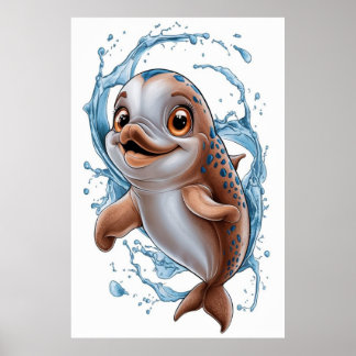 Watercolor cute dolphin for kids room poster