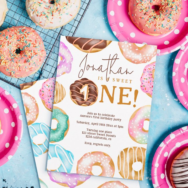 watercolor cute doughnuts Sweet One  1st birthday Invitation (Creator Uploaded)