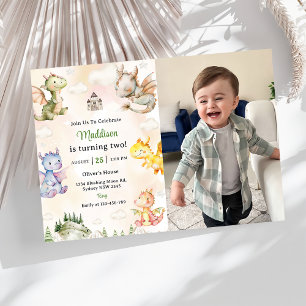 Watercolor Cute Dragon 1st Birthday Party Photo  Invitation