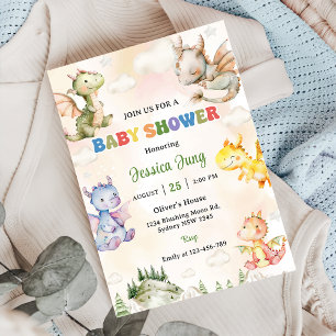 Watercolor Cute Dragon Baby Shower Party Invitation
