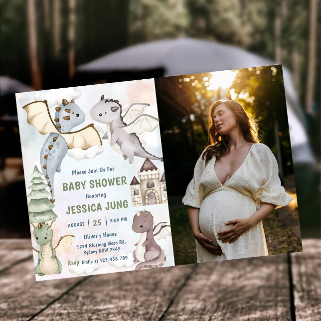 Watercolor Cute Dragon  Baby Shower Photo  Invitation (Creator Uploaded)