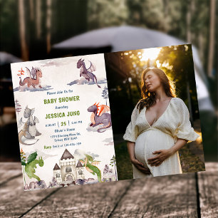Watercolor Cute Dragon Baby Shower Photo Invitation