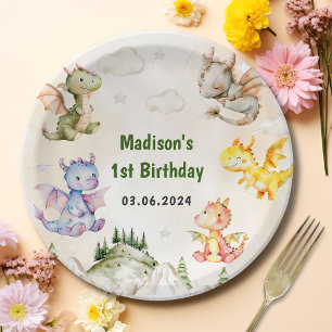 Watercolor Cute Dragon Birthday Paper Plates