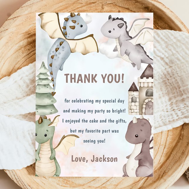 Watercolor Cute Dragon  Birthday Thank You Card (Creator Uploaded)