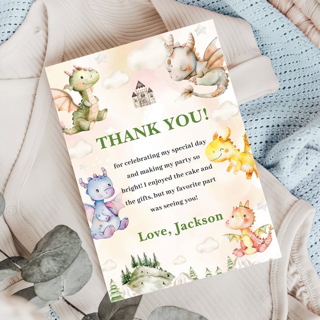 Watercolor Cute Dragon  Birthday Thank You Card (Creator Uploaded)