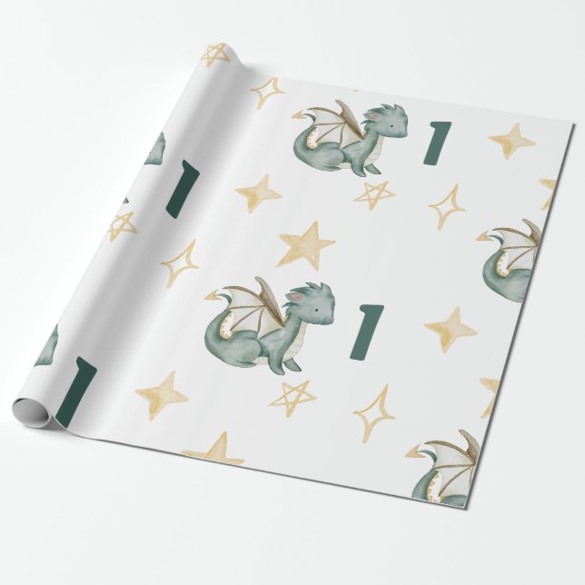 watercolor cute dragon birthday wrapping paper (Unrolled)