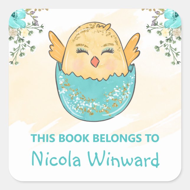 Watercolor Cute Easter Chick Kids Bookplate Square Sticker (Front)