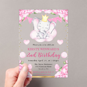 Watercolor Cute Elephant and Pink Roses Birthday Acrylic Invitations