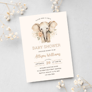 Watercolor Cute Elephant Floral Girl Baby Shower  Invitation