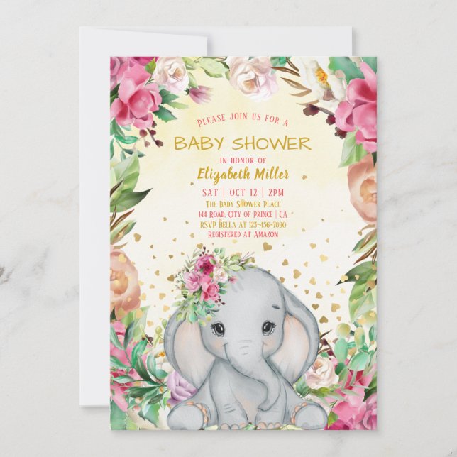 Watercolor Cute Elephant Pink Flowers Baby Shower Invitation (Front)