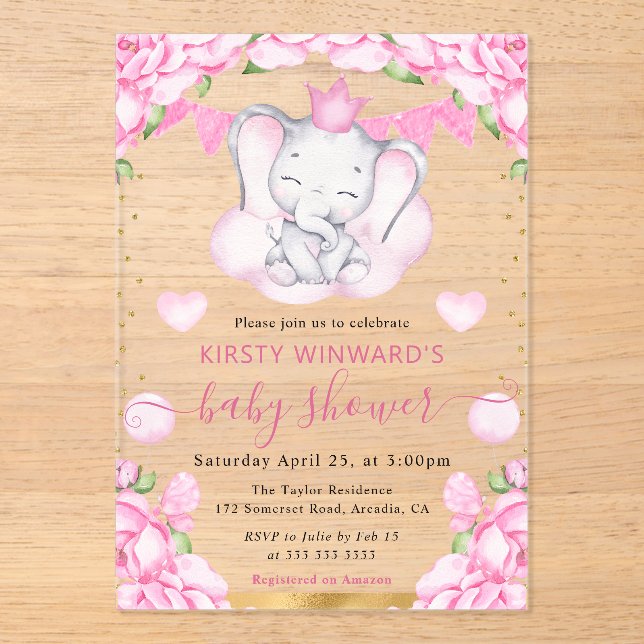 Watercolor Cute Elephant & Pink Roses Baby Shower Acrylic Invitations (Front)