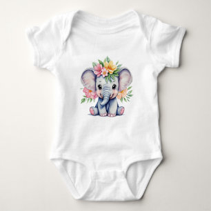 Watercolor Cute Elephant with flowers Baby Bodysuit