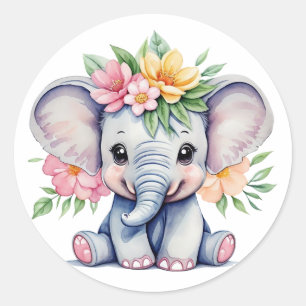 Watercolor Cute Elephant with flowers Classic Round Sticker