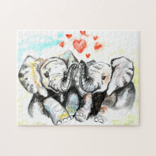 Watercolor - Cute Elephants - Romantic Hearts Jigsaw Puzzle